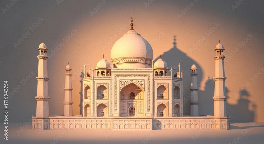 Obraz premium Miniature White Marble Taj Mahal Model with Shadows in Warm Lighting for Cultural and Architectural Displays