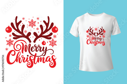 "Eat drink and be merry" typography Christmas tree t-shirt design.