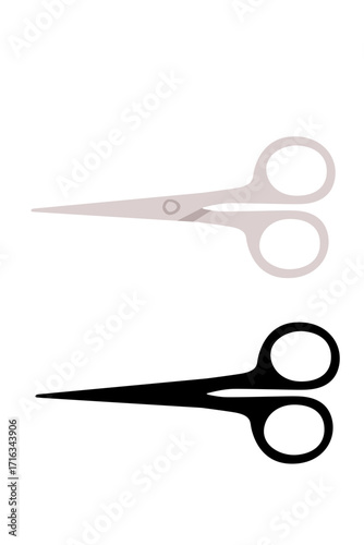 Gray and black scissors in horizontal position. Open cutting tools with round handles. Professional office supplies set. Vector illustration isolated on white background