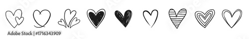  Hand Drawn Hearts in Black Doodle Style for Valentine’s Day Cards, Romantic Design Elements, Love Icons and Emotional. Hearts
 vector Illustration.