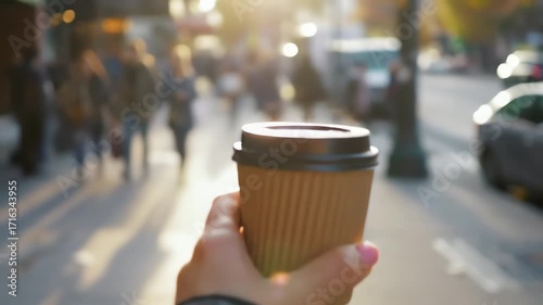 Handheld coffee cup busy street