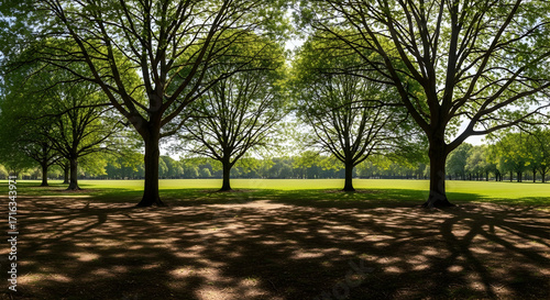  Symmetrical park trees forming shaded avenue with sunlit grassy field beyond, urban green space and tree rows