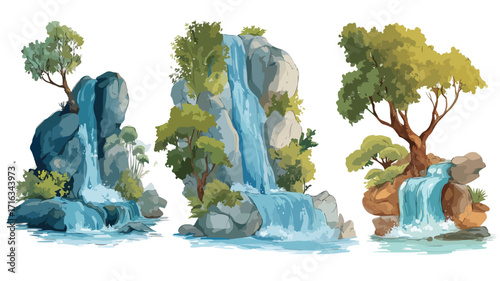 Diverse Collection of Waterfalls and Trees Vector Illustration