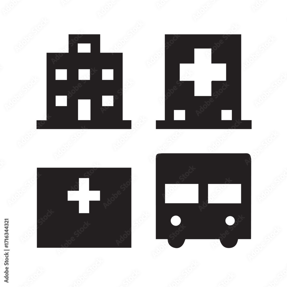 Obraz premium Set of four black medical icons representing healthcare services and transport silhouette