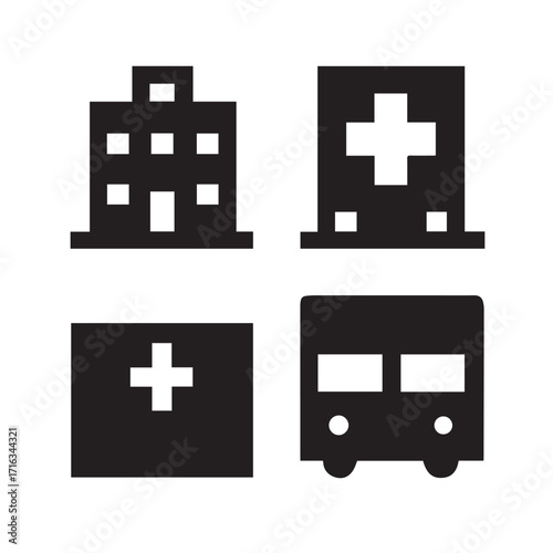 Set of four black medical icons representing healthcare services and transport silhouette