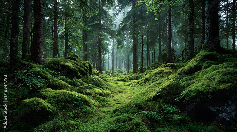 Fototapeta premium Enchanted forest floor completely covered in a thick, vibrant green carpet of undulating moss, with soft, diffused light filtering through the canopy.