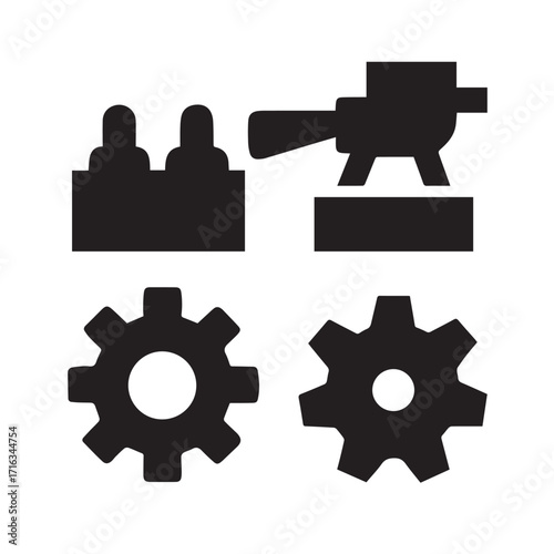 Four black silhouette icons representing technology and industry