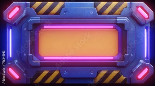 Futuristic metallic frame with glowing neon lights and hazard stripes