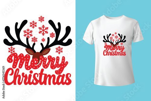 "Eat drink and be merry" typography Christmas tree t-shirt design.