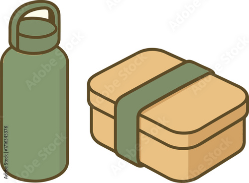 Flat modern vector illustration of reusable water bottle and eco-friendly lunch box