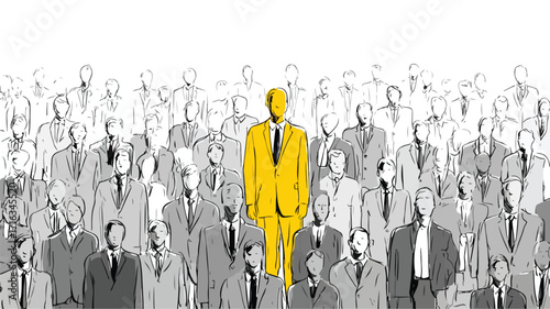 Confident Businessman Leader Standing Out from Crowd, Individuality Concept
