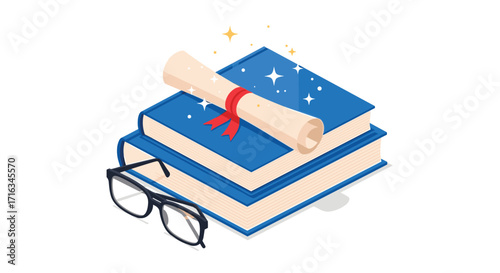 A stack of blue books rests beneath a diploma and glasses on a white background.