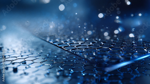 Abstract blue hexagonal pattern with bokeh lights and water droplets