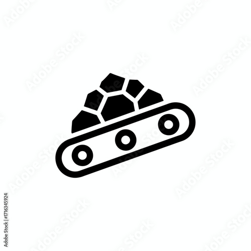 A black icon of a conveyor belt carrying a pile of rocks or coal, representing industrial processes.