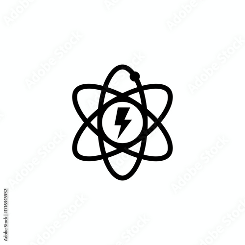 A black line art icon of an atom with a lightning bolt in its nucleus, symbolizing atomic or nuclear energy.