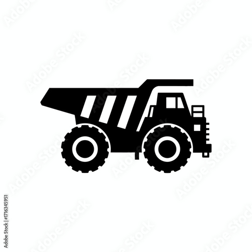 A bold black silhouette of a large, heavy-duty mining dump truck used for hauling materials in a quarry.
