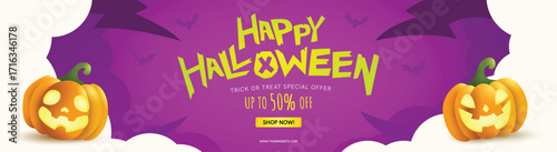 Happy Halloween Sale Banner, with glowing pumpkins, bats, bold festive typography, and purple background. Perfect for seasonal sales, invitations, web banners, social media promotions, and online ads.