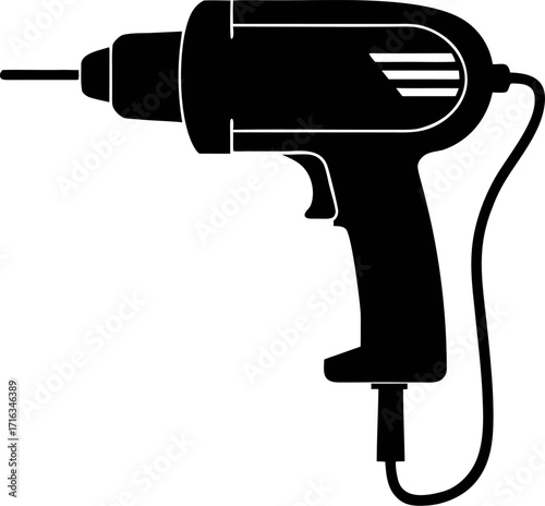 Power drill with cord  silhouette  vector black , white background 