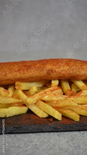 Crispy battered sausage with golden chips sprinkled with paprika on a slate plate