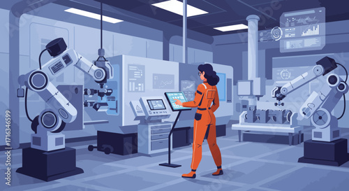 A woman in an orange jumpsuit operates a touchscreen panel in a factory with robotic arms and machinery.