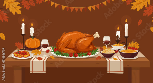 A festive Thanksgiving table is set with a roasted turkey, side dishes, candles, and autumn decorations.