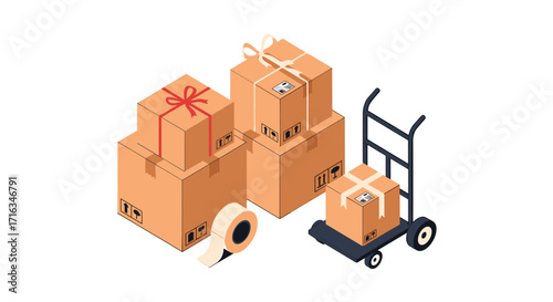 Moving boxes and a hand truck for transporting goods.