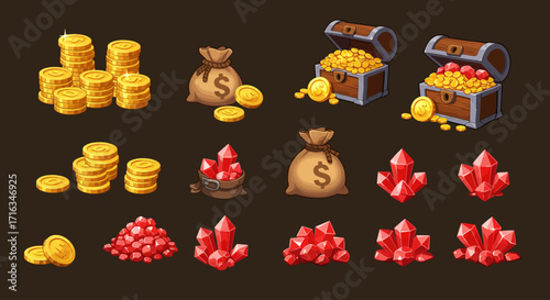 Cartoon graphic assets of gold coins, treasure chests, money bags, and red crystals, suitable for a game or digital design project.
