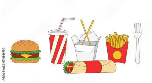 A collection of delicious fast food items including a burger a drink a Chinese takeout box french fries and a wrap.
