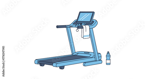 A modern light blue treadmill with a built-in screen and a water bottle beside it.