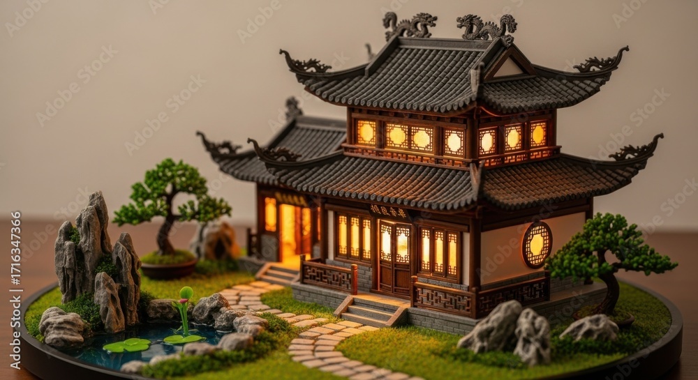 Fototapeta premium Traditional Asian Style Miniature Pagoda with Illuminated Windows in Garden Scene