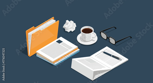 A workspace setup with a folder stack of documents and coffee. A crumpled paper ball and glasses on the table. .