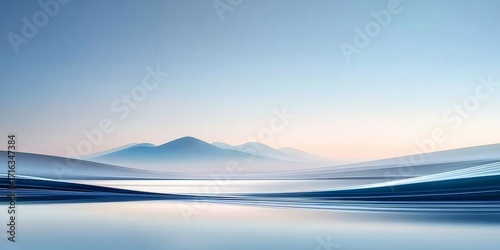 Serene landscape with calm water reflecting distant mountains under a clear sky