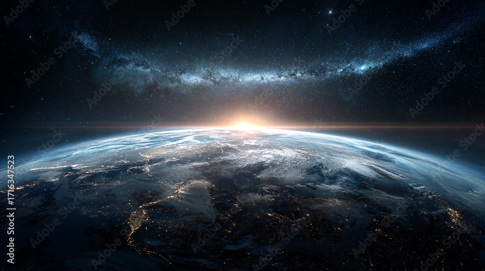 Fototapeta premium Stunning Earth sunrise view from space showing city lights and Milky Way galaxy