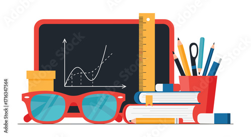 Collection of school supplies and classroom objects arranged on a white background.