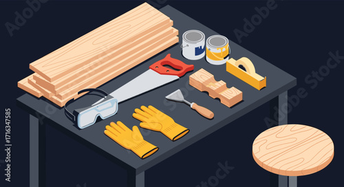 A collection of carpentry tools and materials laid out on a workbench ready for use.