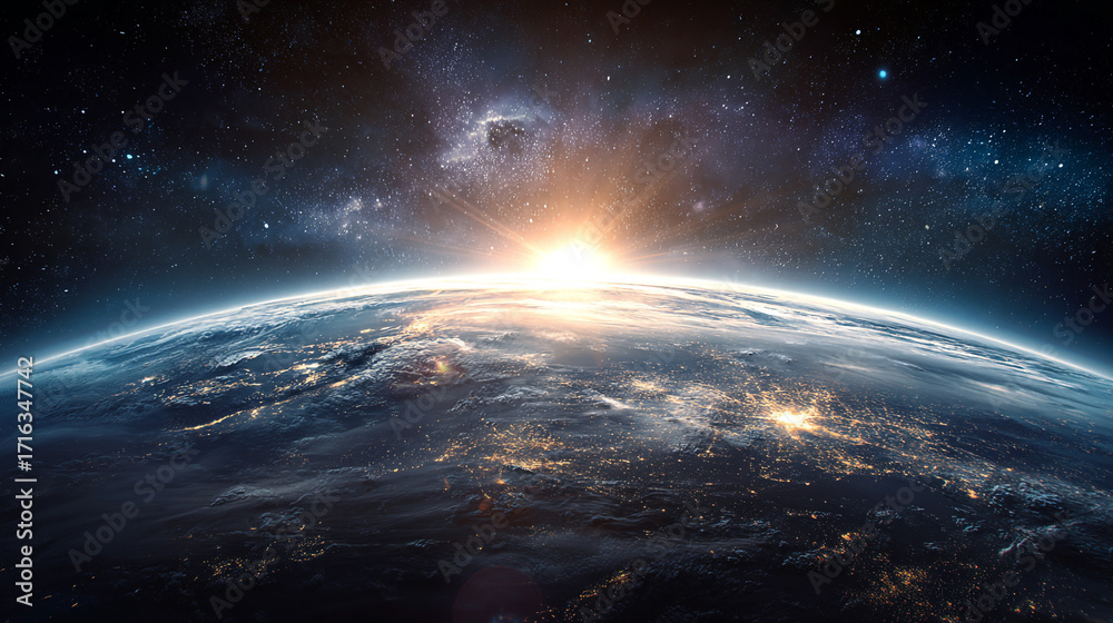 Fototapeta premium Earthrise sunrise space stars planet nightlights view cosmos galaxy
