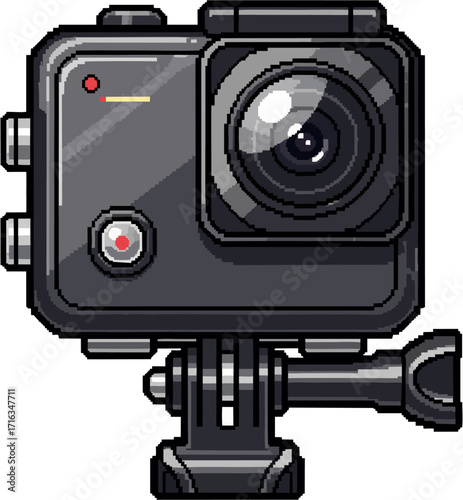 A pixel art depiction of a compact action camera, mounted on a sturdy, adjustable base.