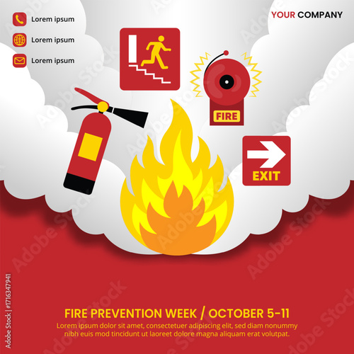 Fire Prevention Week design with a fire and an extinguisher