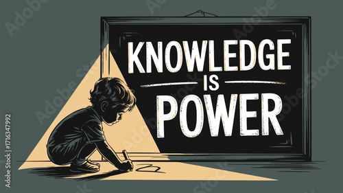 Young child diligently learns, embracing 'Knowledge is Power' message in a spotlight.