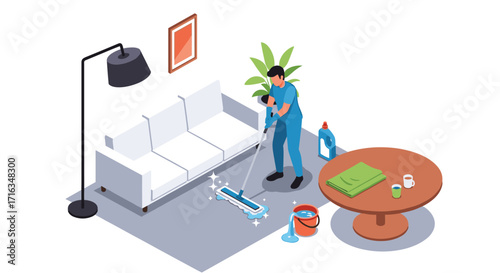 A professional cleaner meticulously cleans a living room floor with a mop and bucket.