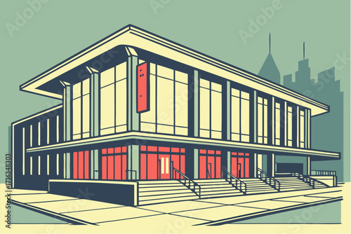 Modern building facade with grand entrance and city skyline in background, architectural design inspiration.