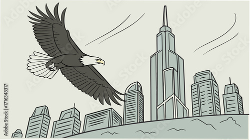 Majestic eagle soars over modern city skyline, symbolizing freedom and ambition in urban landscape.