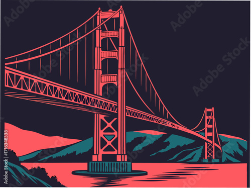 Iconic Golden Gate Bridge structure against a stylized landscape, a symbol of engineering marvel and travel.