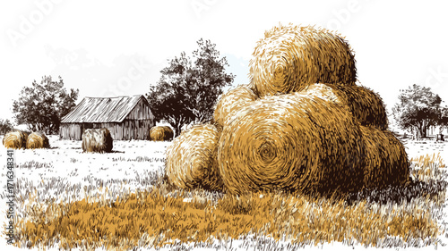 Hand Drawn Dry Farm Haystack Vector Illustration for Agriculture Designs