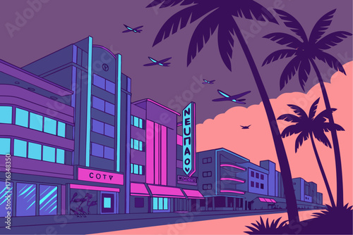 Retro vibrant cityscape with palm trees and planes at dusk