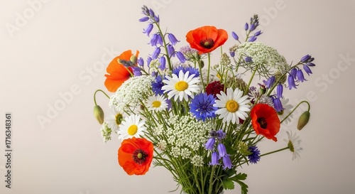 Vibrant Wildflower Bouquet - Poppies, Daisies, and Bluebells in Soft Light.