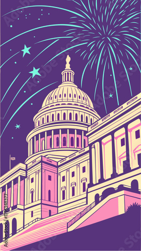 Dazzling fireworks erupt over the iconic Capitol Building, celebrating national pride and freedom with vibrant colors.