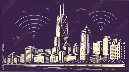 Vibrant city skyline with wireless signals connecting modern urban landscape, representing connectivity