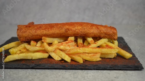 Savory battered sausage resting atop golden french fries on a dark slate plate