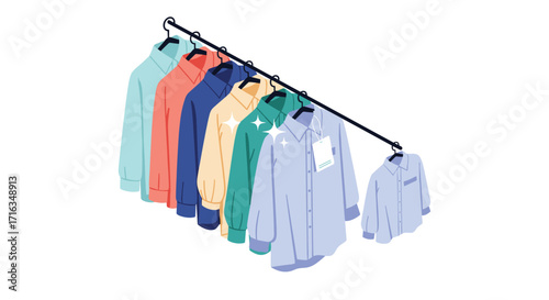 A selection of colorful shirts neatly hung on a clothing rack for display.